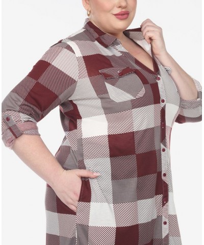 Plus Size Plaid Tunic Shirt Burgundy and White $27.90 Tops