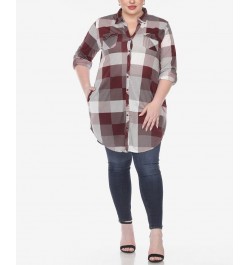 Plus Size Plaid Tunic Shirt Burgundy and White $27.90 Tops