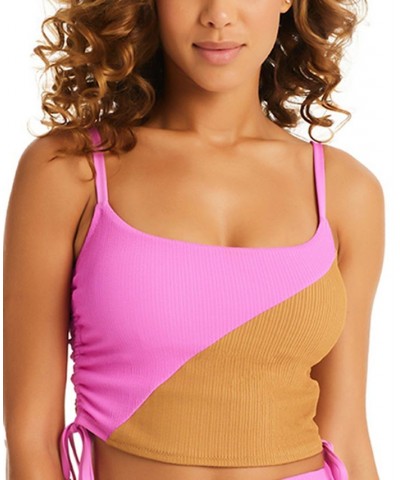 Women's Balancing Act Shirred-Side Cropped Tankini Top Pink Aura + Maple $47.17 Swimsuits