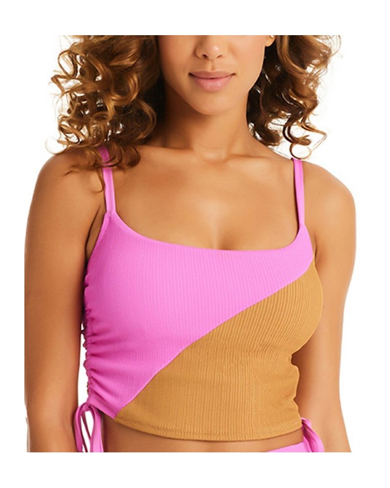 Women's Balancing Act Shirred-Side Cropped Tankini Top Pink Aura + Maple $47.17 Swimsuits