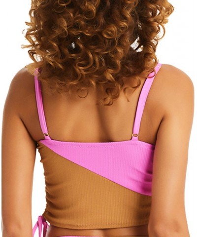 Women's Balancing Act Shirred-Side Cropped Tankini Top Pink Aura + Maple $47.17 Swimsuits