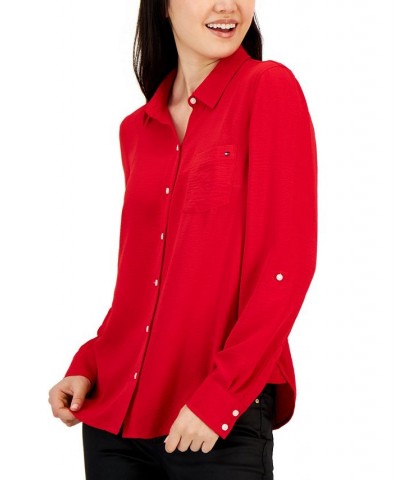 Women's Roll-Tab-Sleeve Button-Down Emblem Shirt Red $18.45 Tops