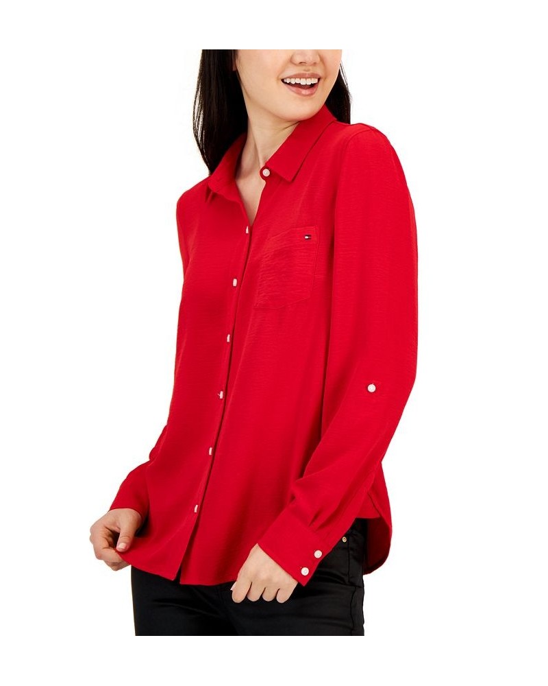 Women's Roll-Tab-Sleeve Button-Down Emblem Shirt Red $18.45 Tops