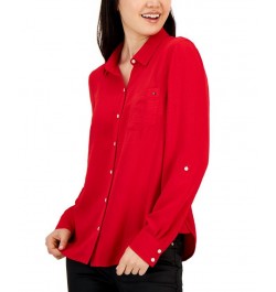 Women's Roll-Tab-Sleeve Button-Down Emblem Shirt Red $18.45 Tops