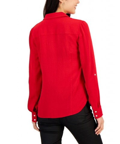 Women's Roll-Tab-Sleeve Button-Down Emblem Shirt Red $18.45 Tops