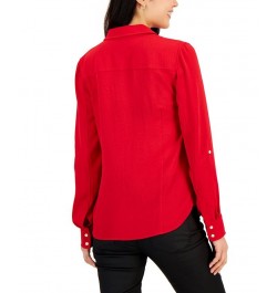 Women's Roll-Tab-Sleeve Button-Down Emblem Shirt Red $18.45 Tops