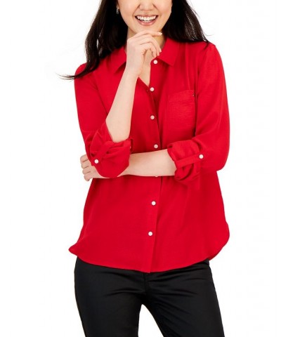 Women's Roll-Tab-Sleeve Button-Down Emblem Shirt Red $18.45 Tops