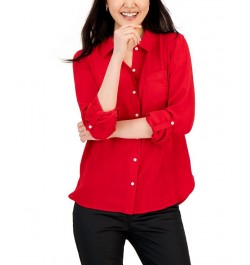 Women's Roll-Tab-Sleeve Button-Down Emblem Shirt Red $18.45 Tops