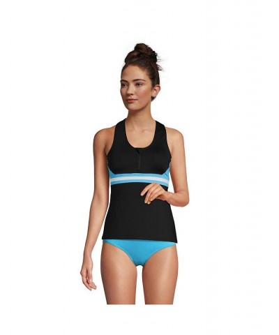 Women's Chlorine Resistant Zip Front Tankini Swimsuit Top Black/Turquoise/White $41.83 Swimsuits