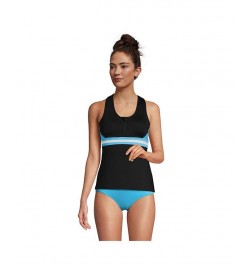 Women's Chlorine Resistant Zip Front Tankini Swimsuit Top Black/Turquoise/White $41.83 Swimsuits