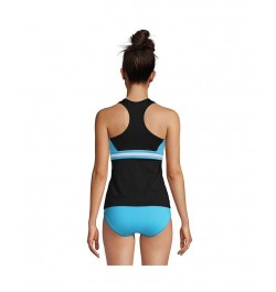 Women's Chlorine Resistant Zip Front Tankini Swimsuit Top Black/Turquoise/White $41.83 Swimsuits