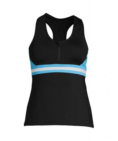 Women's Chlorine Resistant Zip Front Tankini Swimsuit Top Black/Turquoise/White $41.83 Swimsuits