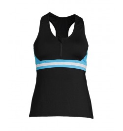 Women's Chlorine Resistant Zip Front Tankini Swimsuit Top Black/Turquoise/White $41.83 Swimsuits