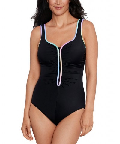 Shape Solver Sport for Women's Ruched Zip-Front One-Piece Swimsuit Black & Pastel $38.88 Swimsuits