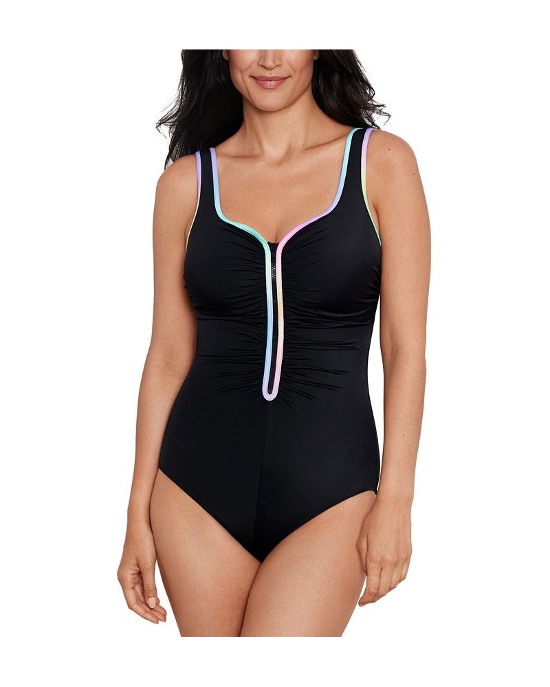 Shape Solver Sport for Women's Ruched Zip-Front One-Piece Swimsuit Black & Pastel $38.88 Swimsuits