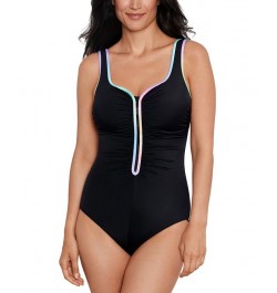 Shape Solver Sport for Women's Ruched Zip-Front One-Piece Swimsuit Black & Pastel $38.88 Swimsuits