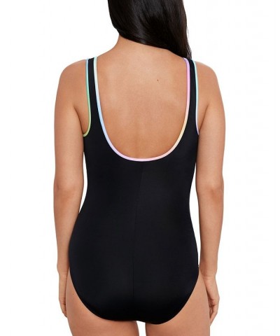 Shape Solver Sport for Women's Ruched Zip-Front One-Piece Swimsuit Black & Pastel $38.88 Swimsuits