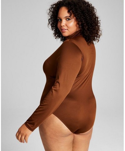 Trendy Plus Size Mock-Neck Bodysuit Brown $13.23 Tops