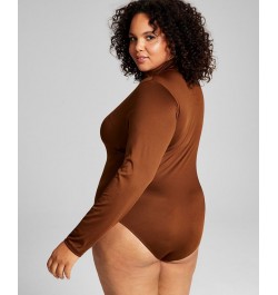 Trendy Plus Size Mock-Neck Bodysuit Brown $13.23 Tops