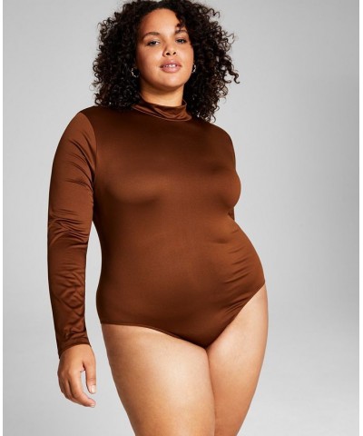 Trendy Plus Size Mock-Neck Bodysuit Brown $13.23 Tops