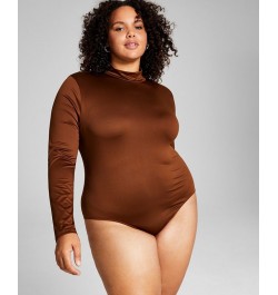 Trendy Plus Size Mock-Neck Bodysuit Brown $13.23 Tops