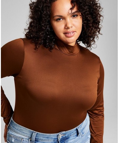 Trendy Plus Size Mock-Neck Bodysuit Brown $13.23 Tops