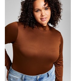 Trendy Plus Size Mock-Neck Bodysuit Brown $13.23 Tops