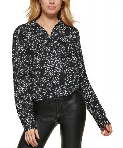 Women's Star-Print Button-Front High-Low Top Black Ivory Combo $29.27 Tops