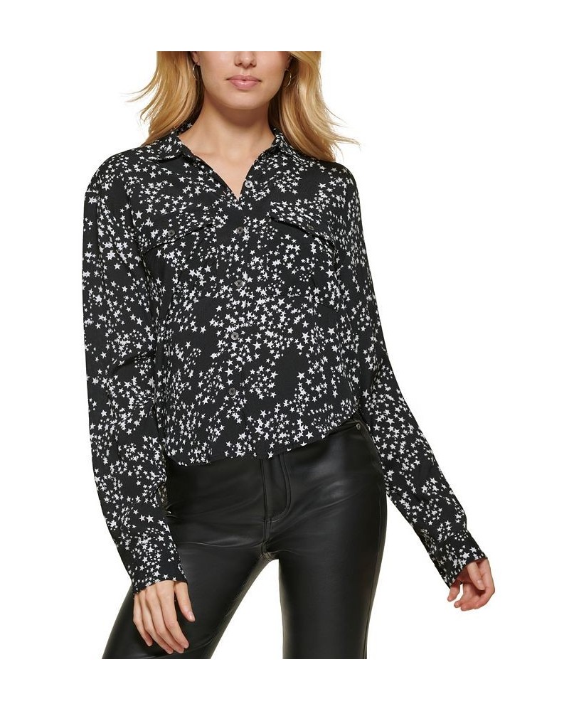 Women's Star-Print Button-Front High-Low Top Black Ivory Combo $29.27 Tops