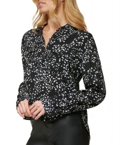 Women's Star-Print Button-Front High-Low Top Black Ivory Combo $29.27 Tops