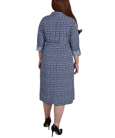 Plus Size Printed Shirt Dress Blue Multi Geometric $19.92 Dresses