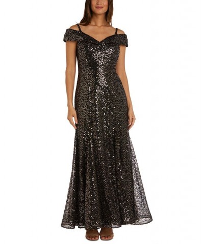 Women's Sequined Off-The-Shoulder Gown Gold Black $46.53 Dresses