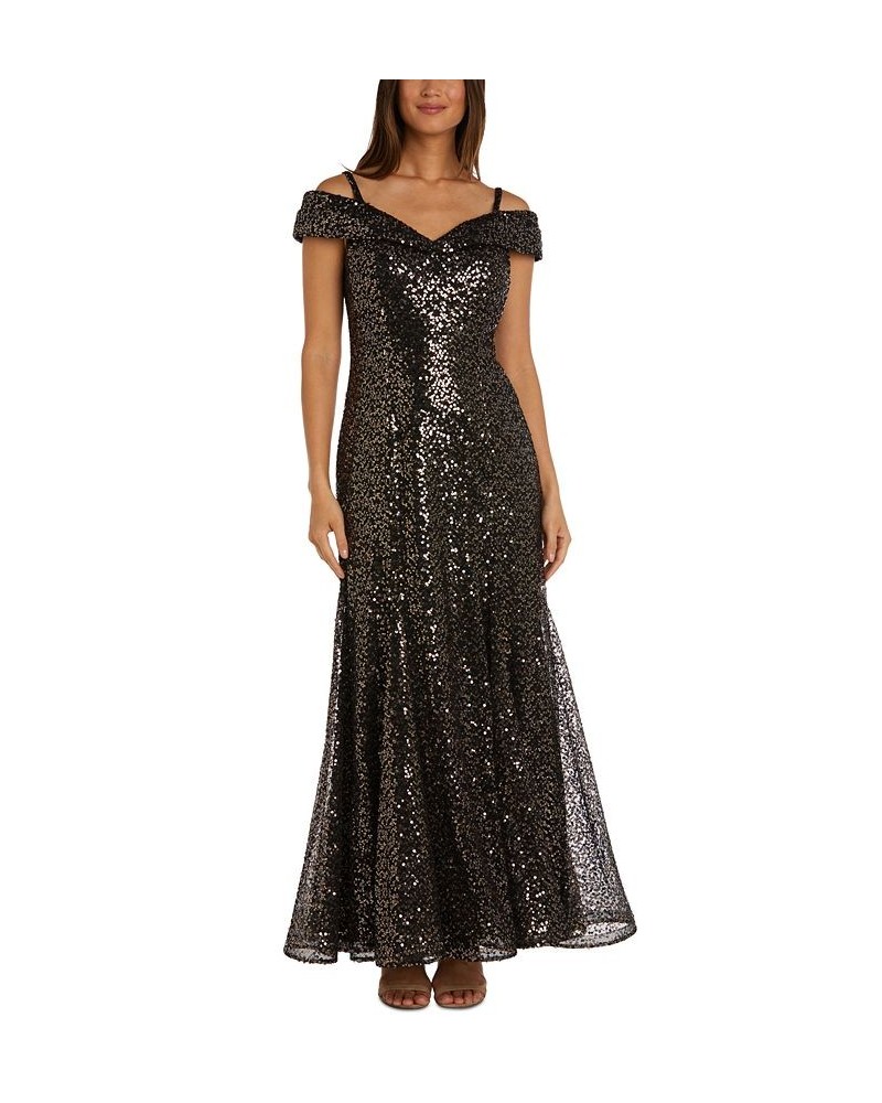 Women's Sequined Off-The-Shoulder Gown Gold Black $46.53 Dresses