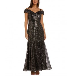 Women's Sequined Off-The-Shoulder Gown Gold Black $46.53 Dresses