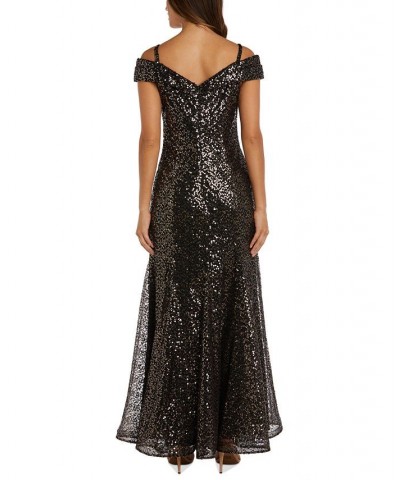 Women's Sequined Off-The-Shoulder Gown Gold Black $46.53 Dresses