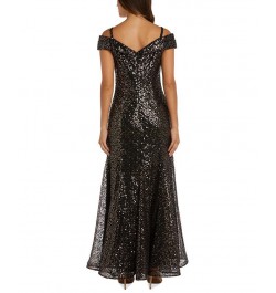 Women's Sequined Off-The-Shoulder Gown Gold Black $46.53 Dresses