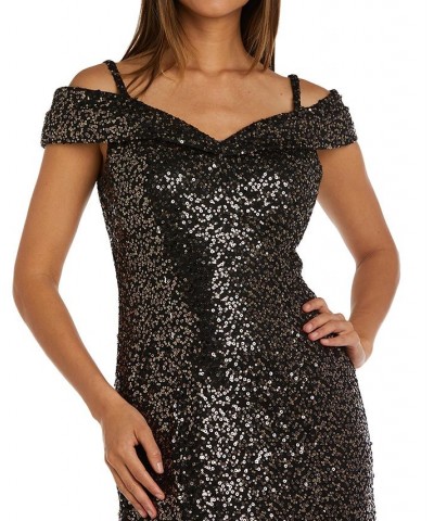 Women's Sequined Off-The-Shoulder Gown Gold Black $46.53 Dresses