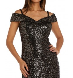 Women's Sequined Off-The-Shoulder Gown Gold Black $46.53 Dresses