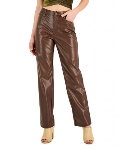Juniors' Faux-Leather High-Rise Wide-Leg Jeans Brown $15.36 Jeans
