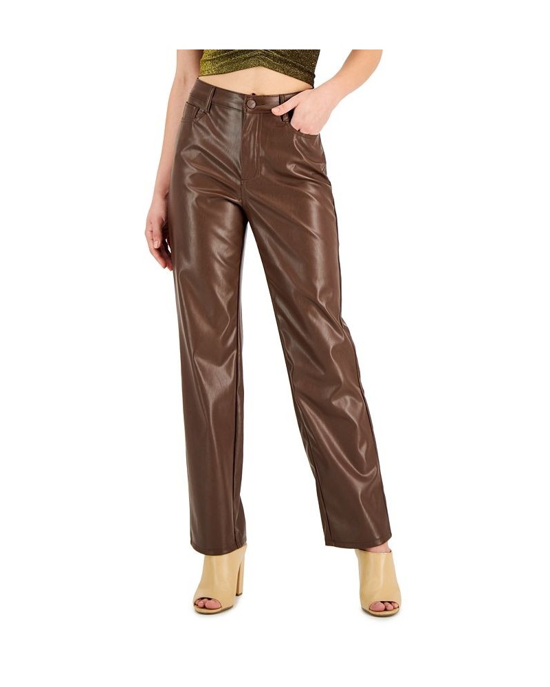 Juniors' Faux-Leather High-Rise Wide-Leg Jeans Brown $15.36 Jeans