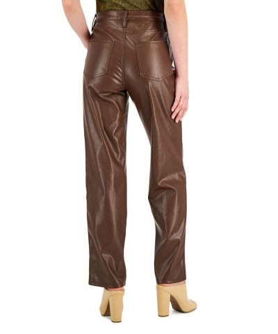 Juniors' Faux-Leather High-Rise Wide-Leg Jeans Brown $15.36 Jeans