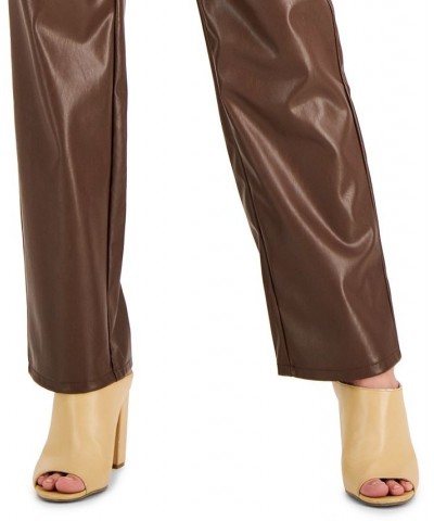 Juniors' Faux-Leather High-Rise Wide-Leg Jeans Brown $15.36 Jeans