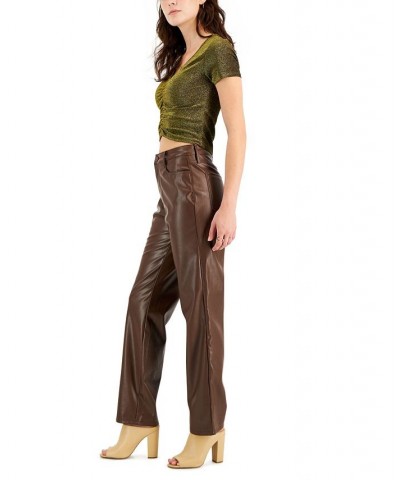 Juniors' Faux-Leather High-Rise Wide-Leg Jeans Brown $15.36 Jeans