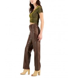 Juniors' Faux-Leather High-Rise Wide-Leg Jeans Brown $15.36 Jeans