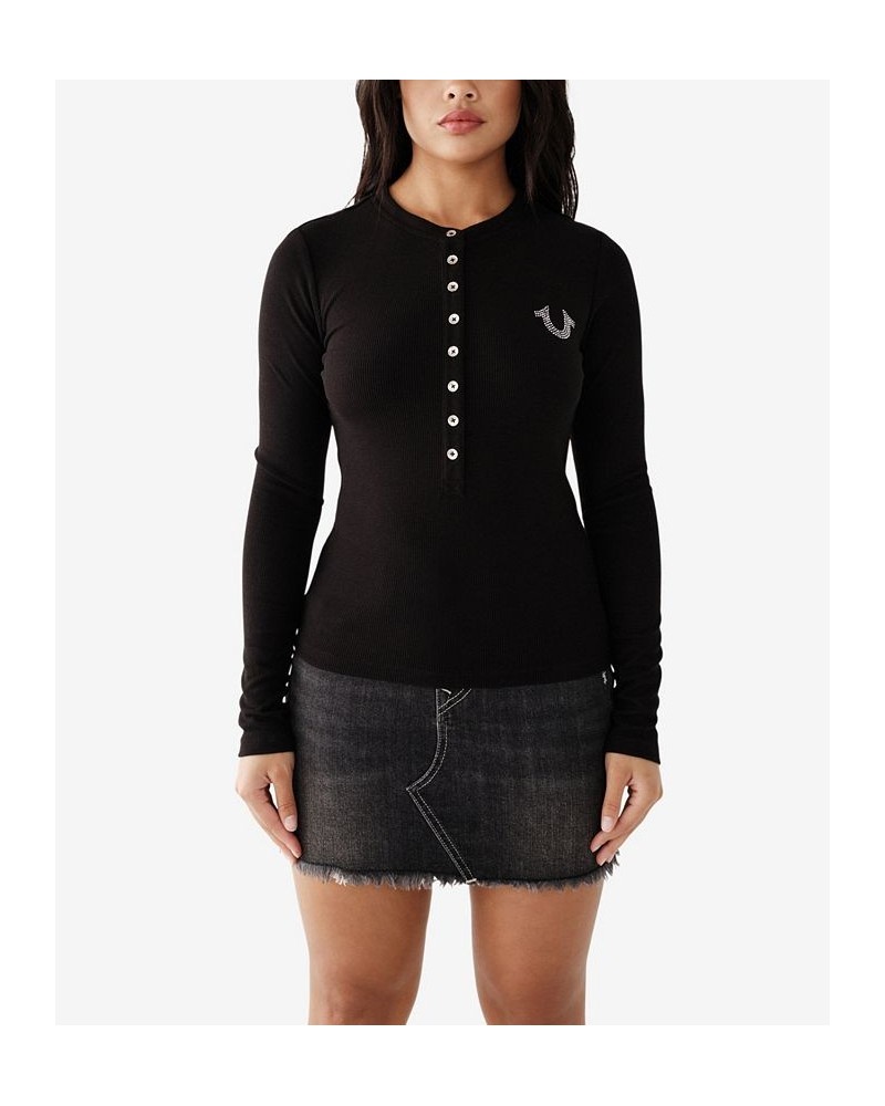 Women's Long Sleeve Crystal Horseshoe Henley Top Jet Black $31.07 Tops