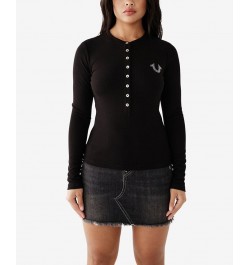 Women's Long Sleeve Crystal Horseshoe Henley Top Jet Black $31.07 Tops