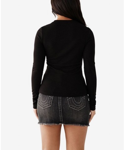 Women's Long Sleeve Crystal Horseshoe Henley Top Jet Black $31.07 Tops