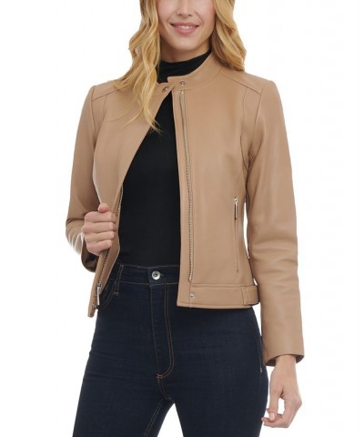 Women's Petite Zip-Front Leather Moto Jacket Tan/Beige $136.40 Coats