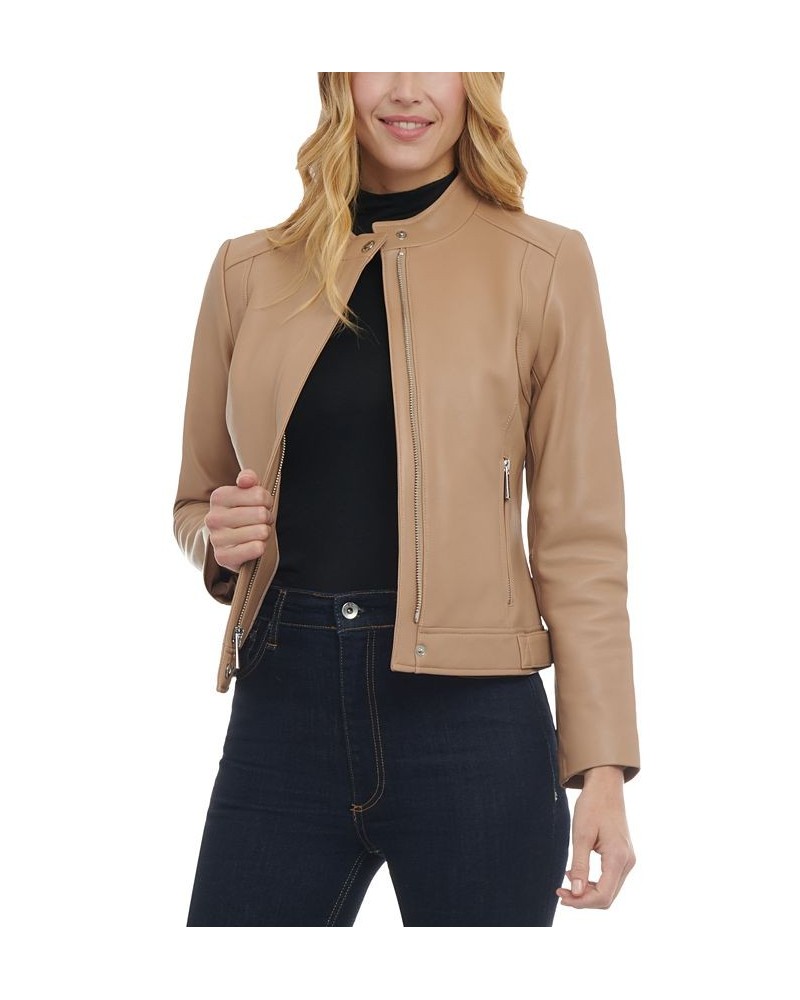 Women's Petite Zip-Front Leather Moto Jacket Tan/Beige $136.40 Coats