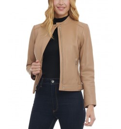 Women's Petite Zip-Front Leather Moto Jacket Tan/Beige $136.40 Coats